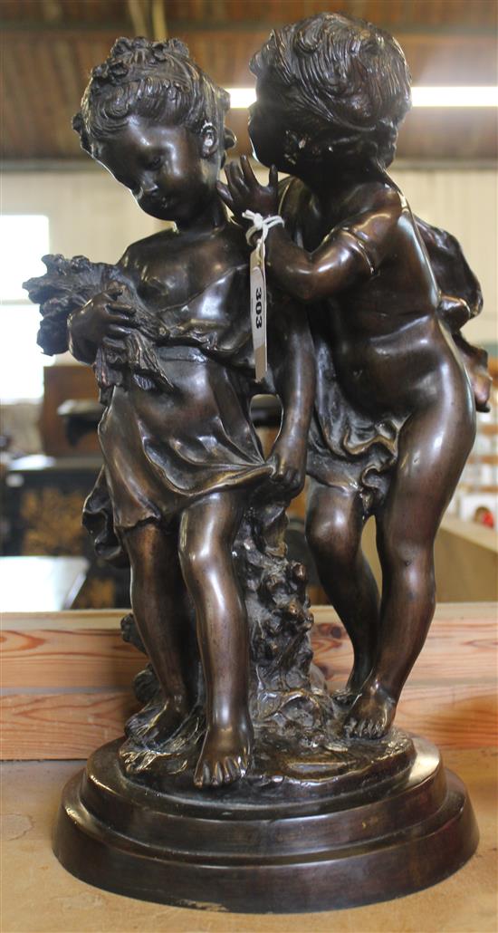 After Augustus Moreau. A patinated bronze group Whispering Children, 17in.